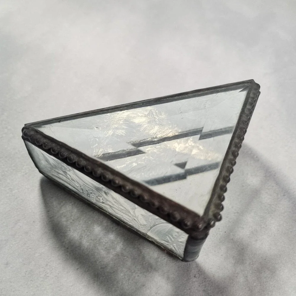 Vintage Etched Clear Beveled Leaded Glass Jewelry Triangle Art Deco Box Trinket